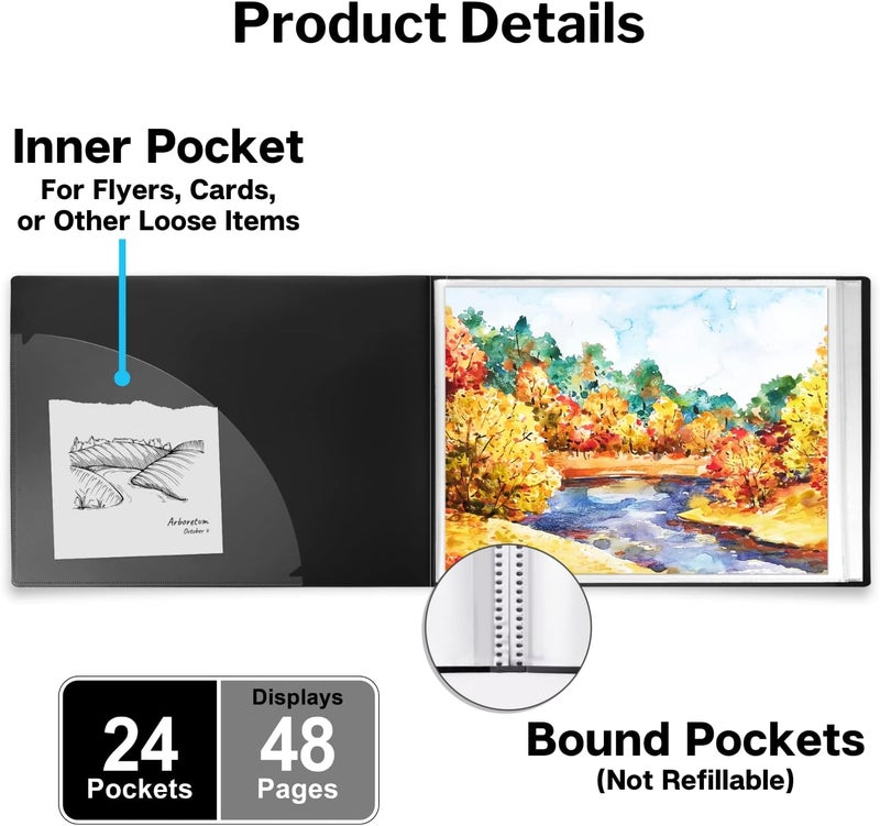 Dunwell Landscape 9x12 Presentation Book, (Black, Horizontal), 24-Pocket Binder with Plastic Sleeves, Displays 48 Pages 9 x 12 or A4 Certificates, Keepsakes, Kids Art, Acid-Free Poly Portfolio Binder - Image 3